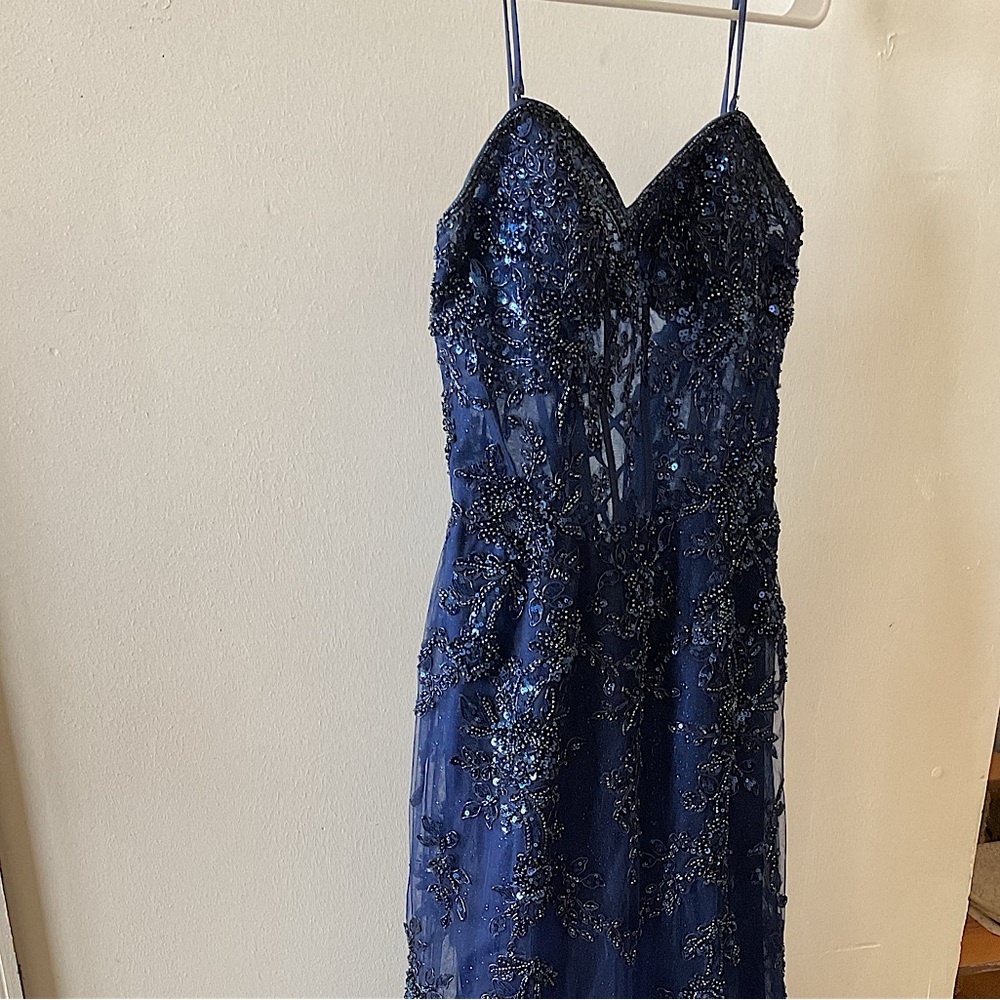 “Navy Beaded Prom Dress with Sheer Corset and Mermaid Fit”